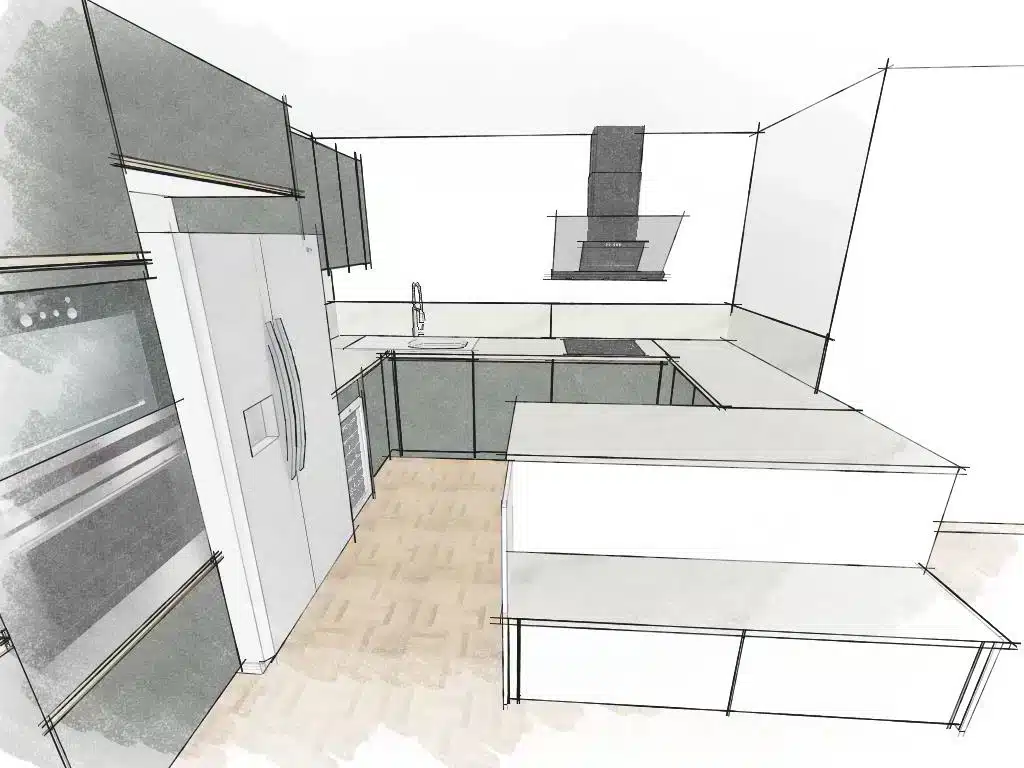 Plan cuisine sur mesure appartement familial Lyon 3 - Projet aménagement Studio Creatis Caluire
