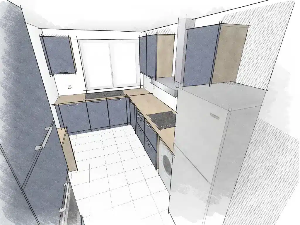 Réalisation cuisine moderne Lyon 3 - finition indigo mat chêne Nebraska cuisiniste Caluire