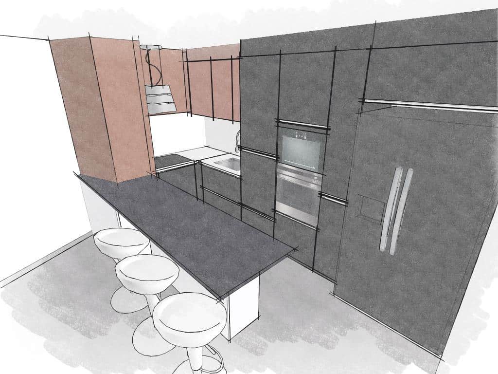Esquisse projet cuisine moderne primo-accédant - conception 3D cuisiniste Lyon