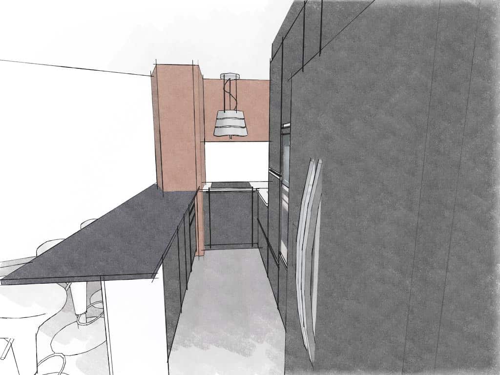 Plan 3D cuisine sur mesure noir mat terracotta - cuisiniste Caluire-et-Cuire Studio Creatis